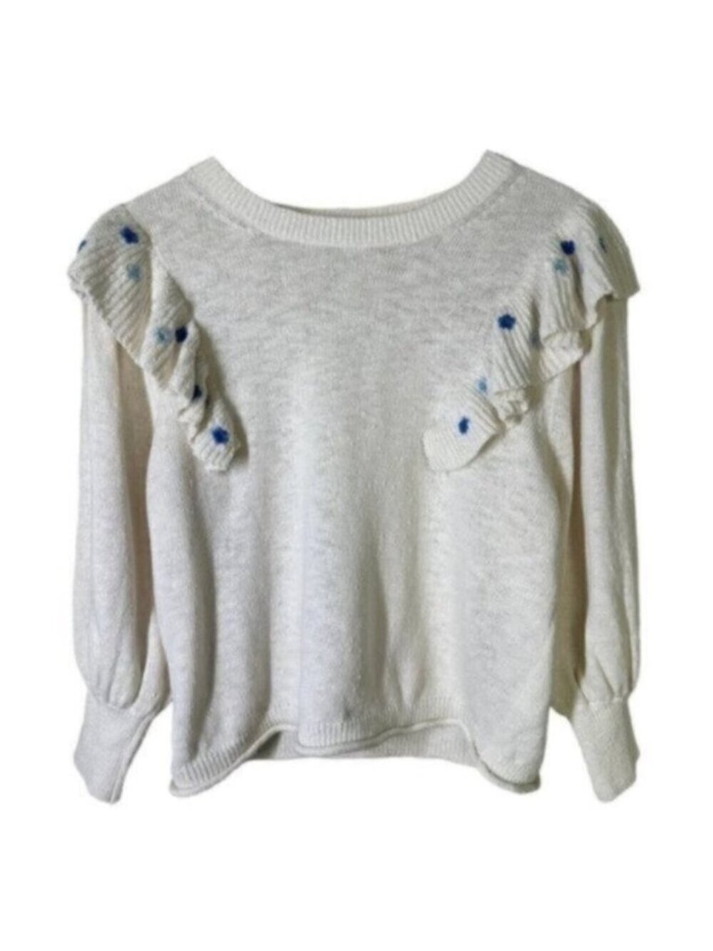 Something Navy | Cream & Embroidered Blue Flower Ruffle Crewneck Sweater Size M
